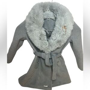 Girls' Gray Faux-Fur Collar Belted Trench Coat